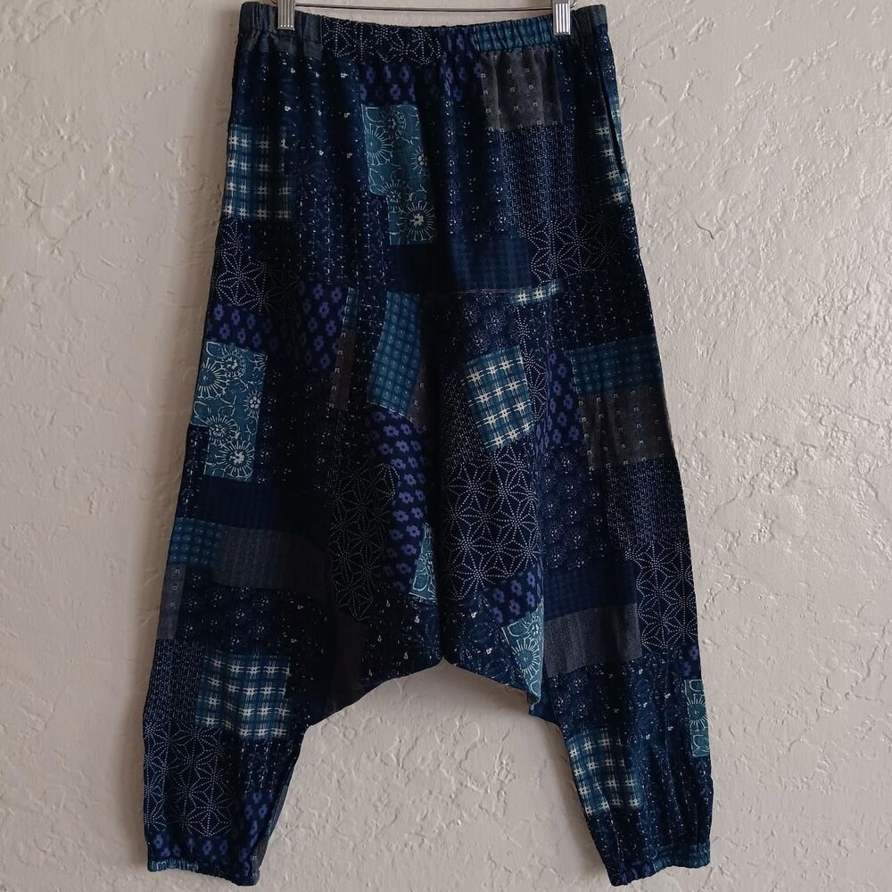 Patchwork Print Harem Pants Medium Men Blue Multi… - image 5